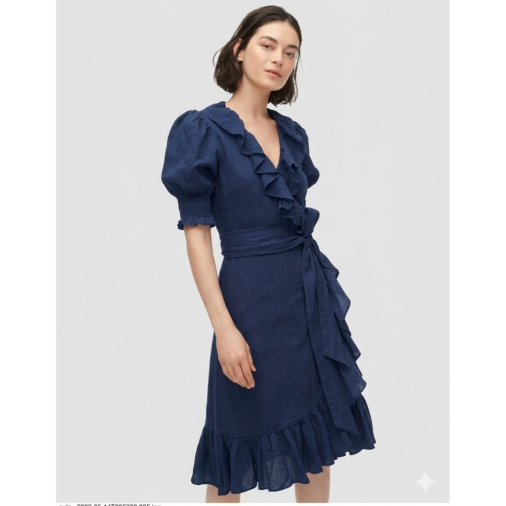 J.Crew Navy Blue Ruffle Cotton Gauze Wrap Midi Dress Small Puff Sleeve Lined